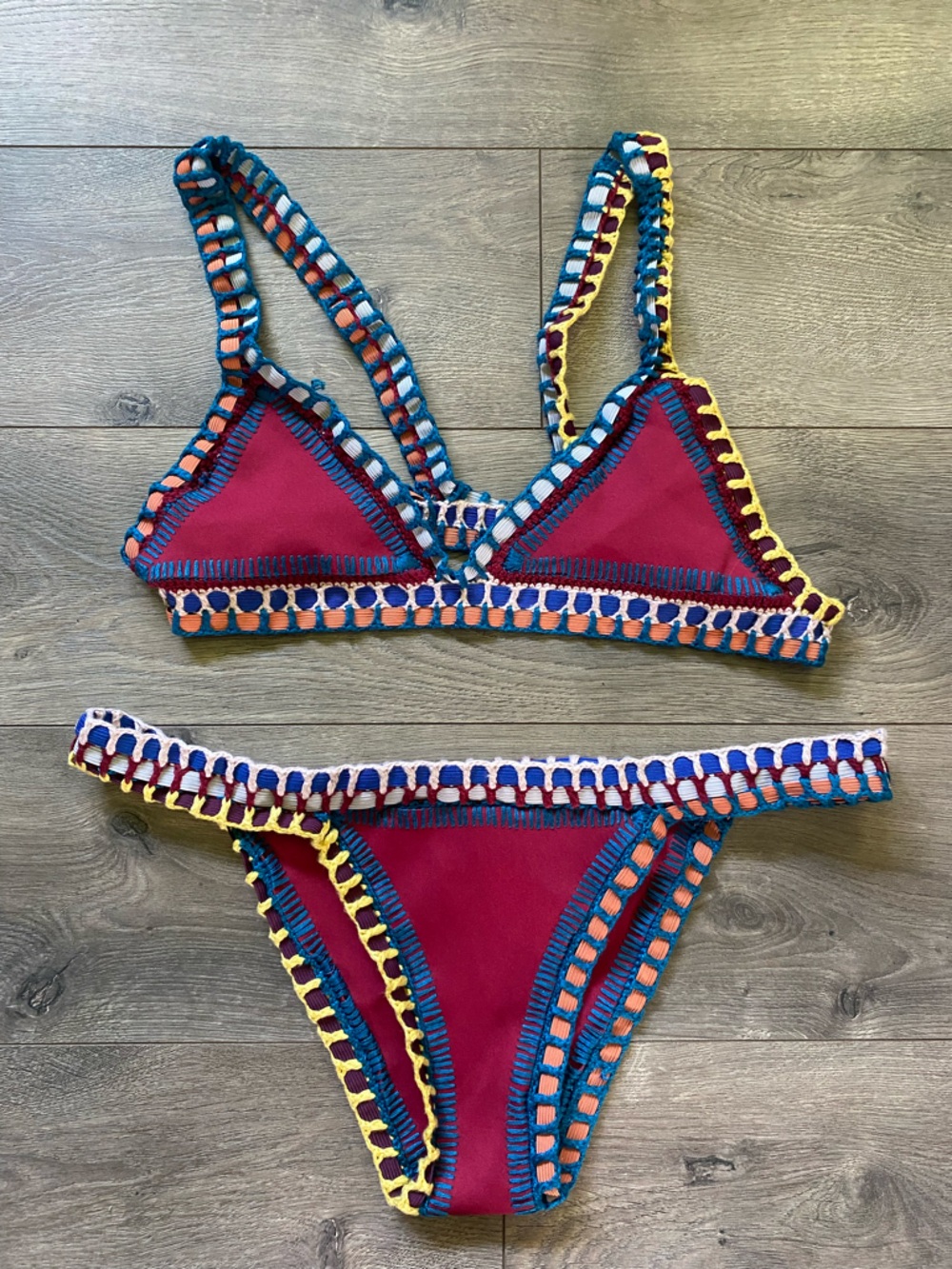 KIINI Magenta Bikini with Blue and Cream Crochet Trim